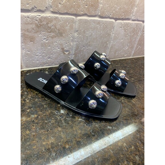 Schutz Lizzie Slide Sandals Black W/ Silver Studs Jelly Size 7 EUC - Picture 1 of 6